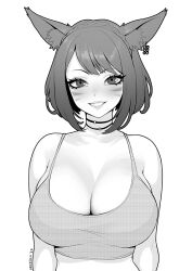 Rule 34 | 1girl, animal ear fluff, animal ears, artist name, black choker, braid, brassica, breasts, camisole, choker, cleavage, collarbone, commission, crop top, crown braid, earrings, facial mark, greyscale, jewelry, large breasts, long eyelashes, monochrome, original, short hair, single earring, solo, upper body