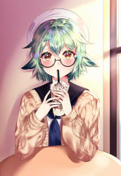 Rule 34 | 1girl, :o, absurdres, alternate costume, animal ears, beret, brown jacket, cup, disposable cup, drinking straw, educk, genshin impact, glasses, green hair, hat, highres, holding, holding cup, jacket, long sleeves, looking at viewer, neckerchief, open clothes, open jacket, orange eyes, parted lips, round eyewear, sailor collar, semi-rimless eyewear, shirt, short hair, solo, sucrose (genshin impact), under-rim eyewear, white hat