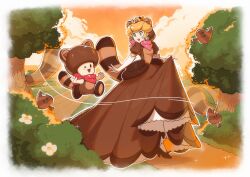 1boy 1girl animal_ears bandana bandana_around_neck blonde_hair blue_eyes border brown_dress brown_tail bush crown dress earrings elbow_gloves flower gloves highres jewelry jumping long_dress mario_(series) nintendo one_eye_closed outdoors outside_border pink_bandana princess_peach red_bandana saiwo_(saiwoproject) sphere_earrings striped_tail super_leaf super_mario_3d_land tail tanuki_peach tanuki_toad toad_(mario) tree two-tone_tail white_border white_flower white_gloves