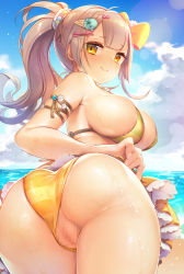 Rule 34 | 1girl, armlet, beach, bikini, bikini bottom aside, bow, breasts, brown hair, censored, closed mouth, clothing aside, cloud, food-themed hair ornament, from behind, hair bow, hair ornament, hairclip, high ponytail, highres, large breasts, long hair, looking at viewer, mg kurino, mosaic censoring, ocean, original, outdoors, ponytail, pussy, red bow, shiny skin, sideboob, sky, smile, solo, striped bikini, striped clothes, summer, swimsuit, wet, yellow bikini, yellow bow, yellow eyes