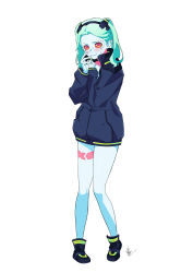 Rule 34 | 1girl, absurdres, aqua hair, artificial eye, black footwear, blue jacket, blush, colored sclera, colored skin, commentary request, cyberpunk (series), cyberpunk edgerunners, embarrassed, green eyes, highres, jacket, leg tattoo, long hair, looking at viewer, mechanical eye, mian li, neck tattoo, partially unzipped, petite, rebecca (cyberpunk), red pupils, red sclera, samurai jacket (cyberpunk), signature, simple background, solo, sweat, tattoo, twintails, wavy mouth, white background, white skin