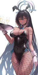 Rule 34 | 1girl, absurdres, animal ears, bare shoulders, black hair, blue archive, blush, bow, bowtie, breasts, champagne flute, cleavage, covered navel, cup, curvy, detached collar, drinking glass, expressionless, fake animal ears, fishnet pantyhose, fishnets, gloves, highres, karin (blue archive), karin (bunny) (blue archive), large breasts, leotard, long hair, looking at viewer, pantyhose, playboy bunny, rabbit ears, simple background, slit pupils, solo, tray, very long hair, white background, white gloves, wide hips, wrist cuffs, yellow eyes, zoe (z o e 7)