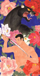 Rule 34 | 1boy, abs, angry, animal, bara, black hair, black panther, buzz cut, completely nude, floral background, flower censor, highres, holding, holding knife, holding weapon, knife, large pectorals, leaf, leaf censor, licking, licking blade, licking weapon, looking at viewer, male focus, muscular, muscular male, navel, nipples, nude, one eye closed, original, panther, pectorals, receding hairline, sblue (smbluechao), short hair, sideburns, slit pupils, solo, very short hair, weapon, whiskers