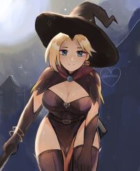 Rule 34 | 1girl, artist name, asymmetrical bangs, black gloves, blonde hair, breasts, cleavage, earrings, food-themed earrings, food themed earrings, gloves, highres, jewelry, large breasts, leaning, looking at viewer, medium breasts, mercy (overwatch), official alternate costume, official alternate hairstyle, overwatch, overwatch 1, pelvic curtain, pumpkin earrings, purple eyes, purrlucii, single earring, smile, solo, thighhighs, thighs, witch