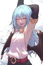 Rule 34 | 1other, androgynous, armpits, belt, blue hair, breasts, detached sleeves, hair between eyes, highres, long hair, long sleeves, looking at viewer, open mouth, outline, rimuru tempest, simple background, smile, solo, tensei shitara slime datta ken, very long hair, wings, yellow eyes, yilocity