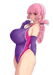 Rule 34 | 1girl, absurdres, braid, breasts, competition swimsuit, elbow gloves, fate/grand order, fate (series), florence nightingale (fate), gloves, highleg, highleg swimsuit, highres, huge breasts, long hair, looking at viewer, mon (manarestra), one-piece swimsuit, open mouth, pink hair, purple gloves, purple one-piece swimsuit, red eyes, simple background, solo, standing, swimsuit, white background
