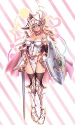 Rule 34 | 1girl, :o, absurdres, akina t, armor, armored boots, blonde hair, boots, breasts, cape, dark magician girl, dark magician girl the dragon knight, duel monster, green eyes, heart, helmet, highres, knight, long hair, medium breasts, open mouth, pink cape, shield, shoulder armor, silver footwear, smile, star (symbol), striped, striped background, sword, the eye of timaeus, thighhighs, thighs, weapon, yu-gi-oh!, yu-gi-oh! duel monsters