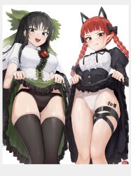 Rule 34 | 2girls, absurdres, animal ears, black bow, black eyes, black hair, black panties, black thighhighs, blush, bow, braid, breasts, buttons, cat ears, cat girl, cat tail, center frills, collared shirt, dress, fake animal ears, frilled dress, frills, goback, green bow, hair bow, highres, kaenbyou rin, large breasts, lifted by self, long hair, looking at viewer, low twin braids, medium breasts, multiple girls, open mouth, panties, pointy ears, puffy sleeves, red eyes, red hair, reiuji utsuho, shirt, shy, simple background, tail, thigh strap, thighhighs, thighs, third eye on chest, touhou, twin braids, underwear, white background, white panties, white shirt