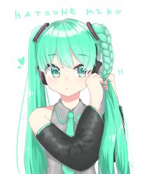 Rule 34 | 1girl, :&lt;, absurdres, aqua eyes, aqua necktie, bare shoulders, blush, braid, braiding hair, character name, closed mouth, collared shirt, detached sleeves, facing viewer, green eyes, green hair, grey shirt, hair ornament, hairdressing, hatsune miku, headphones, heart, highres, holding, holding hair, long hair, looking away, motion lines, necktie, rumu, shirt, sideways glance, simple background, single braid, solo, twintails, upper body, vocaloid, white background