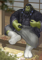 Rule 34 | 110 (ylnzei), 1boy, absurdres, alternate costume, beard, black hair, colored skin, facial hair, from above, full body, green skin, highres, large feet, large hands, large pectorals, long beard, long hair, looking ahead, looking at viewer, low-braided long hair, low-tied long hair, male focus, mature male, monster boy, muscular, muscular male, orc, pectorals, pointy ears, sitting, solo, spread legs, thick eyebrows, thrall, tied beard, tusks, warcraft, world of warcraft