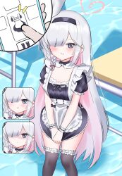 Rule 34 | 1girl, adjusting skirt, alternate costume, apron, bell, blue archive, collarbone, colored inner hair, commentary request, detached collar, enmaided, grey eyes, grey hair, hair over one eye, hairband, highres, ine (ineinnen), long hair, looking at viewer, maid, maid apron, multicolored hair, neck bell, plana (blue archive), scrunchie, short sleeves, sidelocks, skirt hold, solo, tachi-e, thighhighs, two-tone hair, v arms, wrist scrunchie, zettai ryouiki