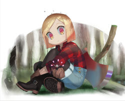 Rule 34 | (stag), 2girls, axe, bandaged arm, bandages, bird, black legwear, blonde hair, boots, brown footwear, dress shirt, fate/grand order, fate (series), flannel, forest, full body, giant, giantess, highres, holding, hugging own legs, in palm, jack the ripper (fate/apocrypha), looking at another, multiple girls, nature, outdoors, outstretched arms, overalls, pantyhose, paul bunyan (fate), paul bunyan (second ascension) (fate), plaid, plaid shirt, shirt, short hair, sitting, smile, solo focus, weapon, yellow eyes