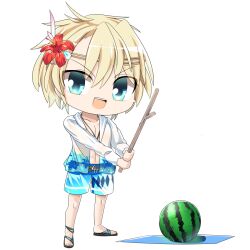 Rule 34 | 1boy, :d, black footwear, blonde hair, blue eyes, blue shorts, character request, chibi, commentary request, flower, full body, hair between eyes, hair flower, hair ornament, hawaiian shirt, hibiscus, holding, holding stick, hop step jumpers, lets0020, looking at viewer, male focus, medium bangs, open mouth, red flower, sandals, shirt, short hair, shorts, simple background, smile, solo, standing, stick, suikawari, teeth, transparent background, upper teeth only, v-shaped eyebrows, watermark, white shirt