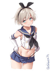Rule 34 | 1girl, black neckerchief, blue eyes, blue sailor collar, blue skirt, blush, closed mouth, collarbone, cosplay, crop top, cropped legs, ebifurya, elbow gloves, gloves, groin, highres, kantai collection, navel, neckerchief, one-hour drawing challenge, pleated skirt, sailor collar, school uniform, serafuku, shimakaze (kancolle), shimakaze (kancolle) (cosplay), short hair, silver hair, simple background, skirt, sleeveless, smile, solo, twitter username, white background, white gloves, z1 leberecht maass (kancolle)
