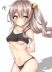 Rule 34 | 1girl, ?, areola slip, arms behind back, bad id, bad pixiv id, bare legs, bare shoulders, black camisole, black panties, blush, breasts, camisole, closed mouth, collarbone, commentary request, cowboy shot, eyebrows, eyes visible through hair, from side, girls&#039; frontline, grey hair, highres, kurokaze, long hair, looking at viewer, messy hair, midriff, navel, nipples, panties, ponytail, scar, scar across eye, scar on face, side ponytail, sidelocks, simple background, small breasts, solo, ump45 (girls&#039; frontline), underwear, white background, yellow eyes