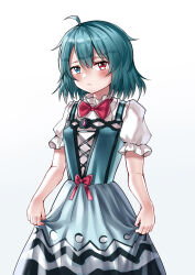 Rule 34 | 1girl, absurdres, ahoge, ailu elf, alternate costume, blue dress, blue eyes, blue hair, blush, bow, bowtie, chinese commentary, closed mouth, commentary request, cross-laced clothes, dress, gradient background, hat, heterochromia, highres, looking at viewer, red bow, red bowtie, red eyes, short hair, short sleeves, solo, tatara kogasa, tate eboshi, touhou, white background