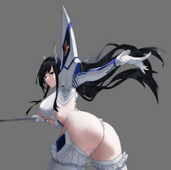 Rule 34 | 1girl, absurdres, ass, black hair, blue eyes, closed mouth, dynamic pose, eggisalive, frilled thighhighs, frills, gloves, grey background, highres, holding, holding sword, holding weapon, junketsu, katana, kill la kill, kiryuuin satsuki, long hair, looking at viewer, looking back, simple background, solo, sword, thighhighs, weapon, white gloves, white thighhighs