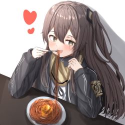 Rule 34 | 1girl, 404 logo (girls&#039; frontline), :d, armband, black jacket, blush, brown hair, food, fork, girls&#039; frontline, heart, highres, jacket, long hair, nanahosi45, one side up, open mouth, pasta, plate, scar, scar across eye, shirt, simple background, smile, solo, spaghetti, table, ump45 (girls&#039; frontline), white shirt, yellow eyes