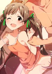 Rule 34 | 10s, 1boy, 1girl, 7zu7, :d, ahoge, bare shoulders, blush, bottomless, breasts, brown eyes, brown hair, hair ribbon, hakozaki serika, hetero, holding another&#039;s wrist, idolmaster, idolmaster million live!, implied sex, long hair, looking at viewer, one eye closed, open mouth, ribbon, sex, small breasts, smile, solo focus, sweat, twintails