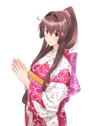 Rule 34 | 1girl, alternate costume, brown eyes, brown hair, cherry blossoms, commentary request, floral print, flower, hair flower, hair ornament, japanese clothes, kantai collection, kimono, lips, long hair, ponytail, simple background, solo, takase asagiri, white background, white kimono, yamato (kancolle)