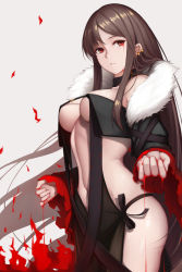 Rule 34 | 1girl, black choker, black dress, blood, breasts, brown hair, center opening, choker, commentary request, dress, dydydyok, fate/grand order, fate (series), grey background, highres, large breasts, long hair, long sleeves, looking at viewer, navel, red eyes, revealing clothes, simple background, solo, yu mei-ren (fate)