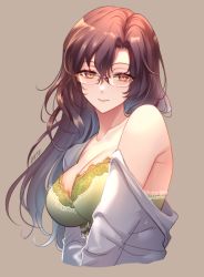 Rule 34 | 1girl, bare shoulders, bra, breasts, brown hair, cleavage, glasses, green bra, large breasts, long hair, looking at viewer, milcho, original, simple background, solo, underwear, upper body, yellow eyes