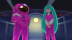 Rule 34 | 1boy, 1girl, aqua eyes, aqua hair, astronaut, chain-link fence, commentary, commission, digboye, english commentary, facing viewer, fence, glass ceiling, hair between eyes, hair ornament, hatsune miku, headset, helmet, highres, indoors, jumpsuit, keypad, long hair, moonbase alpha, nasa, nasa logo, own hands together, pants, pink pants, pink shirt, prison clothes, reflection, shirt, sidelocks, sky, space, space helmet, spacesuit, standing, star (sky), starry sky, twintails, very long hair, vocaloid, white shirt