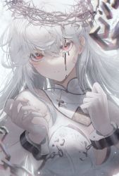 Rule 34 | 1girl, bare shoulders, bound, bound wrists, breasts, broken, broken chain, chain, cleavage, closed mouth, commentary, crown of thorns, cuffs, english commentary, grey hair, hair between eyes, hands up, highres, long hair, looking at viewer, medium breasts, original, red eyes, solo, upper body, zain (jiha3905)