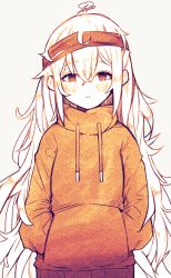 Rule 34 | 1girl, artist name, beige background, blush, brown eyes, g11 (girls&#039; frontline), girls&#039; frontline, hairband, half-closed eyes, hands in pocket, hands in pockets, highres, hood, hoodie, long hair, looking at viewer, messy hair, parted lips, signature, simple background, solo, tareme, tosyeo, upper body, very long hair, white hair
