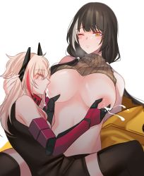 Rule 34 | 2girls, absurdres, black hair, blush, breast sucking, breasts, closed mouth, girls&#039; frontline, headgear, highres, lactation, large breasts, light brown hair, long hair, m4 sopmod ii (girls&#039; frontline), mechanical arms, multicolored hair, multiple girls, nipples, one eye closed, red hair, ro635 (girls&#039; frontline), simple background, single mechanical arm, streaked hair, thighhighs, white background, white hair, yellow eyes, yuri, yuutama2804