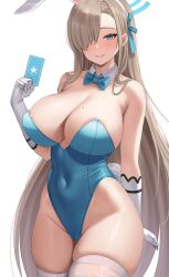 Rule 34 | 1girl, absurdres, animal ears, areola slip, arm behind back, asuna (blue archive), asuna (bunny) (blue archive), blue archive, blue bow, blue bowtie, blue eyes, blush, bow, bowtie, breasts, cameltoe, card, closed mouth, covered navel, curvy, detached collar, gloves, groin, halo, highleg, highleg leotard, highres, holding, holding card, large breasts, leotard, memmemme, mole, mole on breast, official alternate costume, playboy bunny, rabbit ears, rabbit tail, revision, sideboob, skindentation, smile, solo, tail, thighhighs, white gloves, white thighhighs