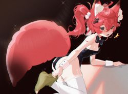 Rule 34 | 1girl, ahoge, animal ear fluff, animal ears, bad id, bad pixiv id, bare shoulders, black background, black bow, black bowtie, black leotard, blush, bow, bowtie, breasts, commentary, detached collar, dice hair ornament, fox ears, fox girl, fox tail, from side, grey eyes, hair between eyes, hair ornament, highres, lace, lace-trimmed legwear, lace trim, leaning forward, leotard, nontraditional playboy bunny, open mouth, original, playboy bunny, ponytail, red hair, removing sock, rima (0136), short hair, sidelocks, simple background, sleeveless, small breasts, solo, sparkle, surprised, tail, thighhighs, white thighhighs, wrist cuffs