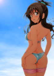 Rule 34 | 1girl, :o, absurdres, aged up, ass, back, bikini, blush, brown eyes, brown hair, butt crack, day, hair ornament, highres, looking at viewer, looking back, nanashi noiji, simple background, solo, striped bikini, striped clothes, swimsuit, tan, tanline, to love-ru, yuuki mikan