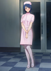 Rule 34 | 1girl, :o, blue hair, blush, door, dress, female focus, full body, hair ornament, hairclip, hat, highres, holding own wrist, indoors, jewelry, looking at viewer, mole, mole under eye, nurse, nurse cap, original, pantyhose, parted lips, ring, sandals, shoes, short hair, short sleeves, solo, standing, teeth, wedding band, white dress, white pantyhose, yewang19