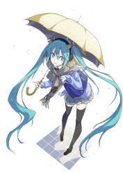 Rule 34 | 1girl, bag, blue eyes, earmuffs, green hair, hamasin2424, hatsune miku, highres, leaning forward, long hair, looking at viewer, pigeon-toed, simple background, skirt, solo, thighhighs, twintails, umbrella, very long hair, vocaloid, white background