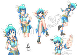 Rule 34 | 1girl, absurdres, ade-nyungsep, ahoge, barefoot, blue eyes, blue hair, character sheet, glasses, hair ornament, highres, matching hair/eyes, open mouth, original, short hair, simple background, smile, solo, sunglasses, traditional clothes