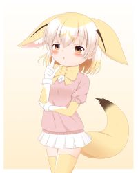 Rule 34 | 1girl, animal ears, blonde hair, blush, bow, brown background, brown eyes, commentary request, fennec (kemono friends), fox ears, fox girl, fox tail, fur-trimmed gloves, fur trim, gloves, gradient background, hair between eyes, hand up, highres, kemono friends, multicolored hair, parted lips, pink sweater, pleated skirt, puffy short sleeves, puffy sleeves, shin01571, shirt, short sleeves, skirt, solo, sweater, tail, thighhighs, two-tone hair, white gloves, white hair, white shirt, white skirt, yellow bow, yellow thighhighs