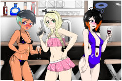 Rule 34 | 3girls, absurdres, alcohol, angry, beach, bikini, black hair, blonde hair, blush, braid, cpt.tester works, crossover, cup, desert eagle, drink, drinking, drinking glass, ear piercing, eyeliner, ginger (cpt.tester), goth fashion, gothic, green hair, gun, handgun, highres, long hair, looking at viewer, looking away, makeup, multiple girls, one-piece swimsuit, one eye covered, orange hair, pale skin, piercing, riley fairfeather, short hair, shy, swimsuit, two-piece swimsuit, weapon, wine, wine glass, ydelle (derpixon)