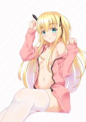 Rule 34 | 1girl, absurdres, black ribbon, blonde hair, blue eyes, blush, borrowed character, collarbone, hair between eyes, hair censor, hair over breasts, hair ribbon, highres, holding, holding pen, invisible chair, long hair, naked shirt, navel, off shoulder, open clothes, open shirt, original, pen, pink shirt, rebutsu, ribbon, shimotsuki potofu, shirt, simple background, sitting, solo, thighhighs, twintails, very long hair, white background, white thighhighs