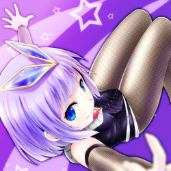 Rule 34 | 1girl, blue eyes, blurry, closed mouth, fishnet pantyhose, fishnets, from above, gender request, genderswap, hair ornament, highres, leotard, looking at viewer, looking up, mephilas seijin, outstretched arms, pantyhose, personification, purple background, purple hair, short hair, sleeveless, smile, solo, spread arms, star (symbol), ultra kaijuu gijinka keikaku, ultra series, v, watarui