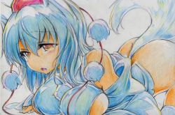 Rule 34 | 1girl, animal ears, bad id, bad pixiv id, bare shoulders, breasts, colored pencil (medium), detached sleeves, hat, highres, inubashiri momiji, kitazinger, large breasts, red eyes, short hair, solo, tail, thighhighs, tokin hat, touhou, traditional media, white hair, wolf ears, wolf tail