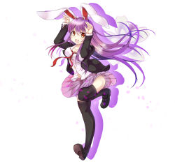 Rule 34 | 1girl, :d, absurdres, animal ears, black thighhighs, blazer, blush, breasts, cleavage, clothes lift, full body, hair between eyes, highres, jacket, large breasts, loafers, long hair, looking at viewer, mary janes, navel, necktie, open mouth, purple hair, rabbit ears, rabbit pose, red eyes, red necktie, reisen udongein inaba, sesield, shadow, shoes, simple background, skirt, smile, solo, thighhighs, thighs, touhou, very long hair, white background