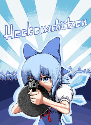 Rule 34 | 1girl, aiming, aiming at viewer, cirno, clone, drum magazine, german text, gun, holding, holding gun, holding weapon, magazine (weapon), rxjx, solo, touhou, translated, weapon