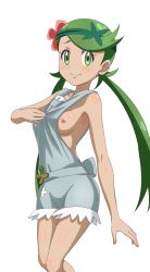 Rule 34 | 1girl, bare arms, blush, breasts, closed mouth, clothes pull, collarbone, creatures (company), dark-skinned female, dark skin, fingernails, flower, game freak, green eyes, green hair, hair flower, hair ornament, headband, highres, long hair, looking at viewer, mallow (pokemon), matching hair/eyes, medium breasts, nintendo, nipples, no bra, overalls, pokemon, pokemon sm, pulled by self, shirt pull, shorts, simple background, sincos, smile, solo, standing, trial captain, twintails, white background