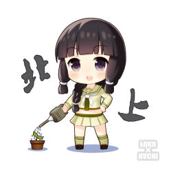 Rule 34 | 10s, 1girl, beige legwear, beige skirt, black eyes, black hair, blush, character name, chibi, fukuro daizi, highres, kantai collection, kitakami (kancolle), kneehighs, long hair, looking at viewer, neckerchief, open mouth, plant, potted plant, smile, socks, solo, teeth, translation request, water, watering, watering can, white neckerchief