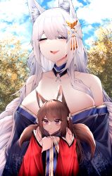 Rule 34 | 2girls, absurdres, amagi-chan (azur lane), animal ear fluff, animal ears, azur lane, bare shoulders, blue kimono, blue sky, breasts, brown hair, brown tail, cleavage, closed eyes, cloud, cloudy sky, coat, day, detached collar, fox ears, fox tail, gold trim, hair ornament, highres, holding, huge breasts, japanese clothes, kimono, kitsune, kyuubi, large tail, long hair, long sleeves, multiple girls, multiple tails, outdoors, purple eyes, red coat, samip, shinano (azur lane), sky, slit pupils, tail, tree, upper body, white hair, white tail, wide sleeves