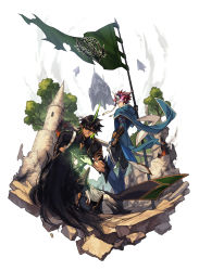 Rule 34 | 1girl, 2boys, aircraft, airship, black gloves, black hair, blue cape, bridge, cape, castle, clenched hand, dark skin, dark-skinned male, facing viewer, fainted, flag, gauntlets, glasses, gloves, highres, holding, holding flag, horns, long hair, looking at another, magic, mask, multiple boys, pink hair, pixiv fantasia, pixiv fantasia last saga, single horn, sunglasses, tower, tree, very long hair, white background, zinnkousai3850
