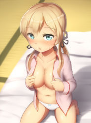 Rule 34 | 10s, 1girl, barefoot, blonde hair, blue eyes, blush, breasts, collarbone, hair between eyes, highres, kantai collection, large breasts, long hair, long sleeves, low twintails, maku ro, open clothes, open shirt, panties, pink shirt, prinz eugen (kancolle), shadow, shirt, solo, twintails, underwear, white panties