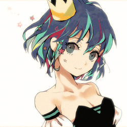 Rule 34 | 1girl, amripo, aqua hair, bare shoulders, black eyes, breasts, cleavage, copyright request, crown, looking at viewer, mini crown, multicolored hair, red hair, short hair, small breasts, smile, solo, star (symbol), two-tone hair, upper body