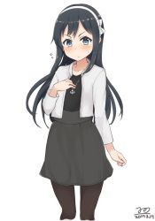 Rule 34 | &gt;:&lt;, 1girl, 2017, :&lt;, asashio (kancolle), black hair, blue eyes, blush, casual, closed mouth, cosplay, dated, hairband, hand on own chest, haruna (kancolle), haruna (kancolle) (cosplay), jacket, jewelry, kantai collection, long hair, look-alike, nonono (mino), pantyhose, pendant, simple background, solo, v-shaped eyebrows, white background, white jacket